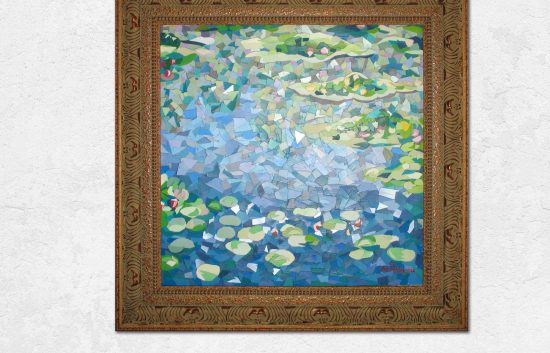 Collage from recycled materials inspired by Monet's lily pond