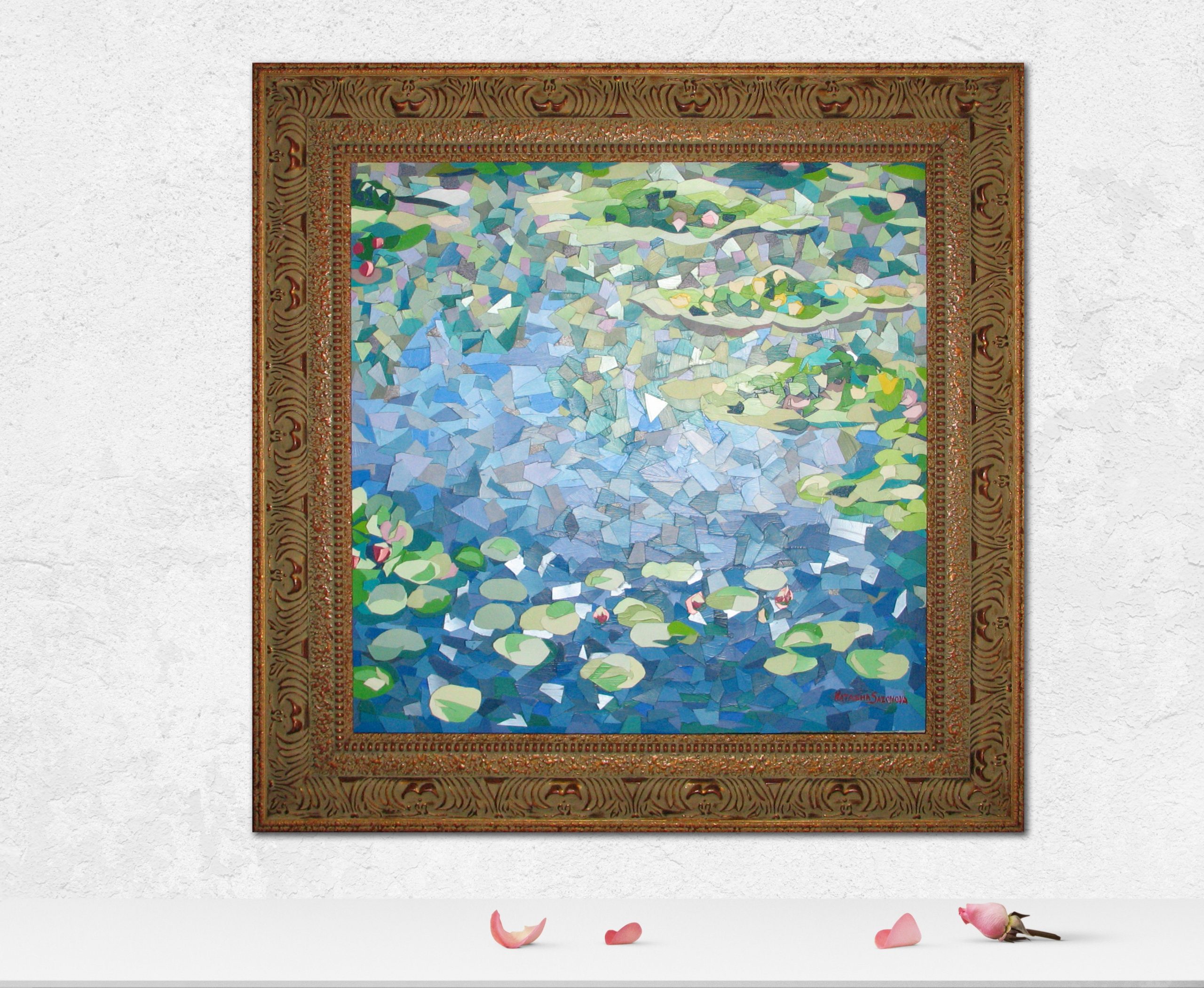 Collage from recycled materials inspired by Monet's lily pond