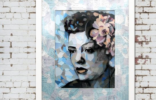 Collage portrait of Billie Holiday created from recycled materials